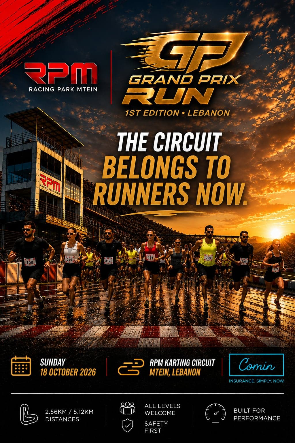 GRAND PRIX RUN 1st Edition poster: the field running on the circuit at sunset. Sunday 18 October 2026, RPM Karting Circuit, Mtein, Lebanon.