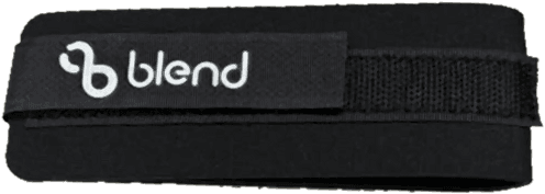 The Blend ankle tracker: a black elasticated band with a buckle, a hook-and-loop panel and the Blend wordmark on its strap